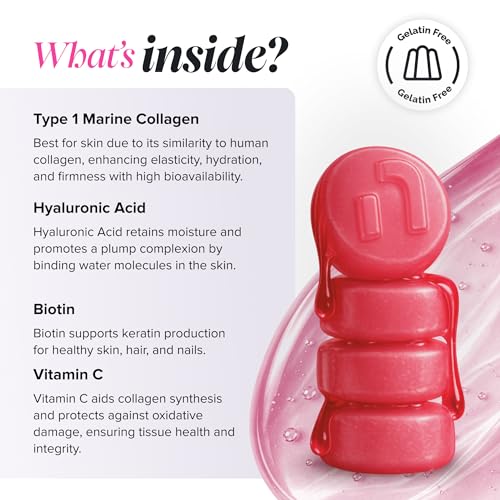 Collagen Gummies - Collagen Peptides with Hyaluronic Acid, Vitamin C & Biotin - Collagen Supplements for Women & Men - More Convenient Than Collagen Powder - 60 Marine Collagen Gummies - Novomins