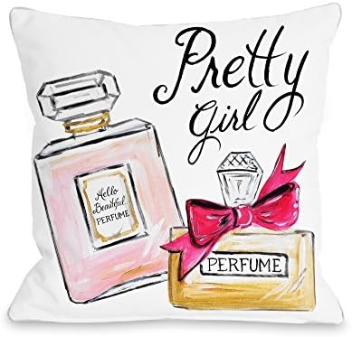 One Bella Casa Pretty Girl Perfume Pink Bow/Multiple Perfumes Throw Pillow w/Zipper, 18"x 18"