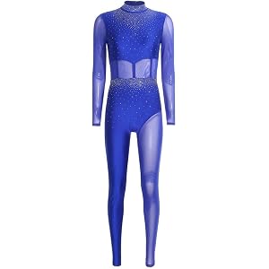 Women Contrast Color Bodysuit Jumpsuit Long Sleeve Rhinestones Ballet Dance Gymnastics Leotard