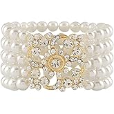 Asphire Vintage Pearl Bracelet Multi-layered Floral Pearl Crystal Elastic Bangle Bridal Wedding Jewelry 1920s Flapper Prom Party Costume Accessories for Women
