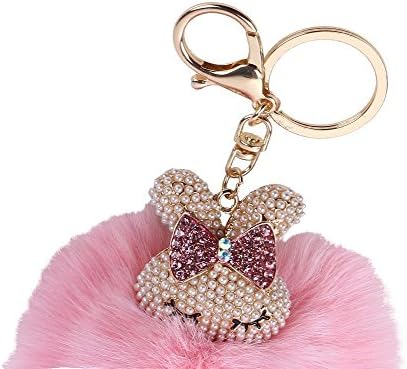 LORJE Cute Rabbit Head with Real Fox Fur Ball Pompoms Key Chain for Womens Bag or Cellphone or Car Pendant (Pink)