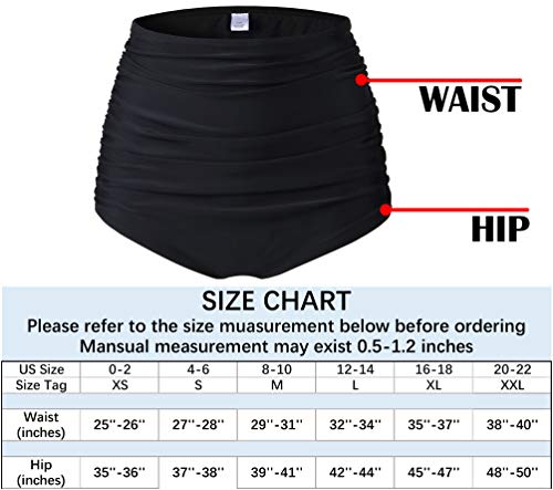 Womens High Waisted Bikini Bottom Shorts Ruched Tankini Shirred Swim Brief Tummy Control (Black B, XL) - Thumbnail 4