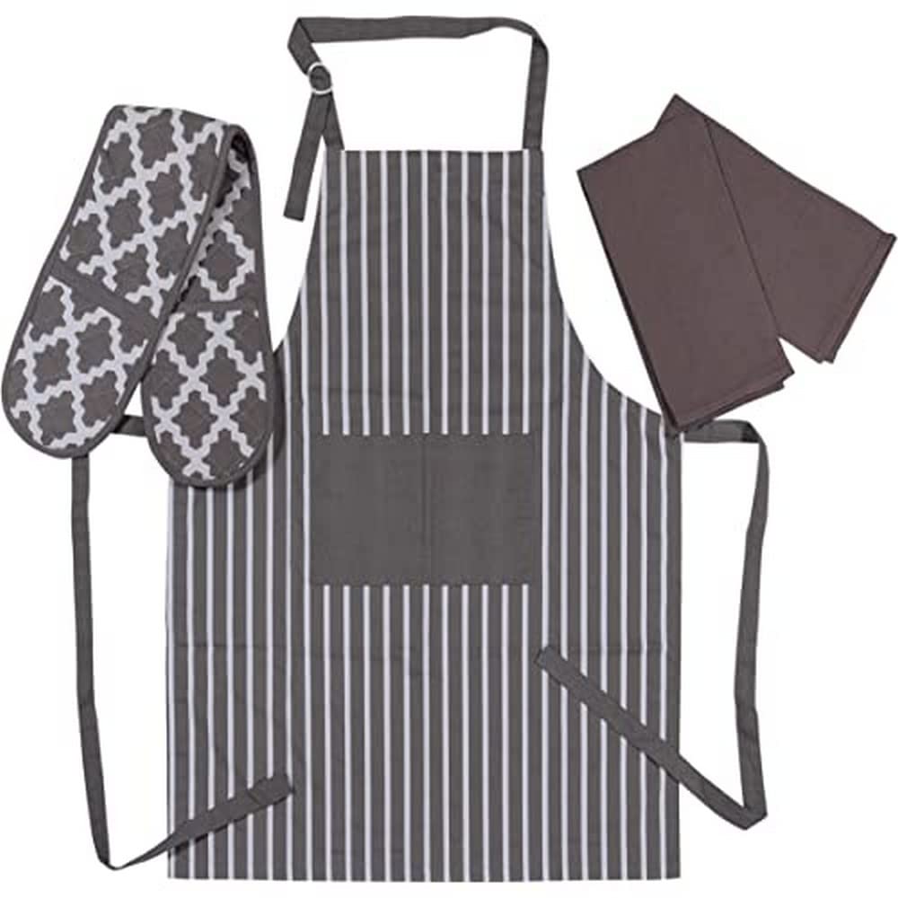 Penguin Home Apron, Double Oven Glove and 2 Kitchen Tea Towels Set -100% Soft, Durable, Heat Resistant & Super Absorbent, Cotton, Colour - Grey/White, (70 X 90 18 X 90 45X 65 cm)