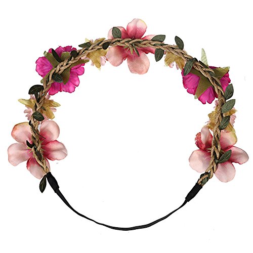 BCDshop Flower Headband Hair Band Wrap for Women Girls Ladies Boho Floral Hairband Party Festival Wedding Garland Accessories (Pink 1)