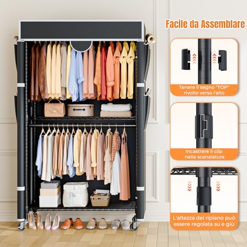 Himimi Coat Rack with Cover, Clothes Rack on Wheels, Heavy Load, Stable with Height Adjustable Shelf, Metal Open Wardrobe for Bedroom, 90 x 45 x 205 cm