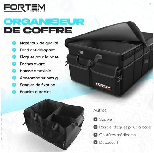 Organiseur de coffre de voiture, pliable, plusieurs compartiments, rangement pliable pour accessoires de voiture, fond antidérapant, sangles de sécurité, couvercle souple, 50 L (Noir, Standard)