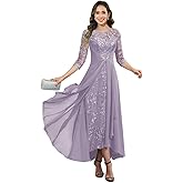 XONHS Women’s Lace Appliques Chiffon Mother of Bride Dresses with Sleeves Tea Length Ruffles Formal Wedding Guest Dress