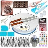 117 Pcs Cake Decorating Supplies Kit for Beginners-1 Turntable stand-48 Numbered icing tips with pattern chart & E.Book-1 Cake Leveler-Straight & Angled Spatula-3 Russian Piping nozzles-Baking tools
