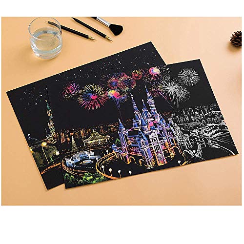 Ageqi Scratch Art Paper Rainbow Painting Sketch Pad for Adult and Kids, DIY Night View Scratchboard - 16'' x 11.2'' with 3 Tools (Dream Castle)