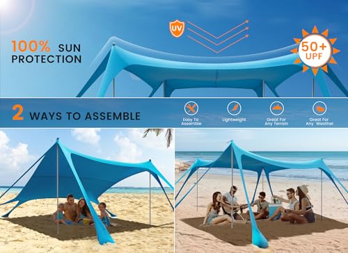 Tenda da Spiaggia Portatile Tents, Grande Tenda Mare Spiaggia UPF50+ Tenda Della Spiaggia di con 4 Pali, Pala, Picchetti e Borsa per il Trasporto per Campeggio, Pesca, 3x 3x 2M (sky blue)