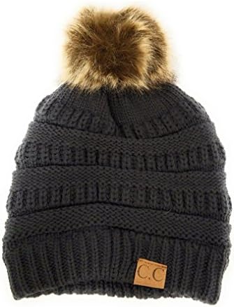 AMETS553 C.C Knit Thick, Super Soft Fleece Lined Warm Pom Pom Beanie (Charcol)