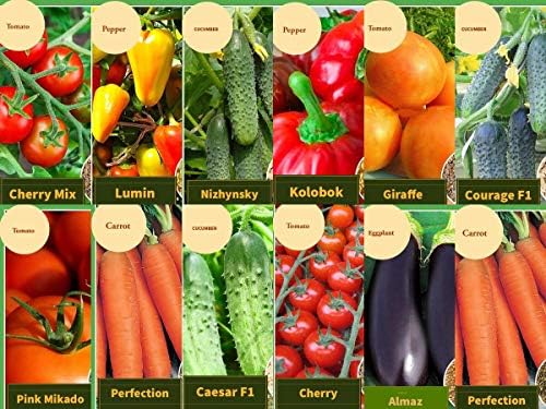 Set of 12 Vegetable Seeds Mix Garden Deluxe, 12 Different Varieties for Planting: 4 Tomato, 1 Eggplant, 2 Сarrot, 3 Cucumber, 2 Pepper. Seeds for Planting, All Seeds are Heirloom, 100% Non-GMO!