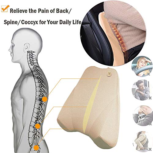 QBUC Car Back Support, Car Lumbar Pillow for Back/Spine/Coccyx Pain Relief, Memory Foam Lumbar Support Pillow - Comfort Back Cushion for Car seat, Office Chairs, Travel and Home (Beige)