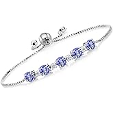 Gem Stone King 925 Sterling Silver Gemstone Birthstone and White Topaz Tennis Bracelet for Women | Round 5MM and 2.5MM | Adjustable Bolo Design | Easy-On Easy-Off | Fully Adjustable Up to 9 Inch
