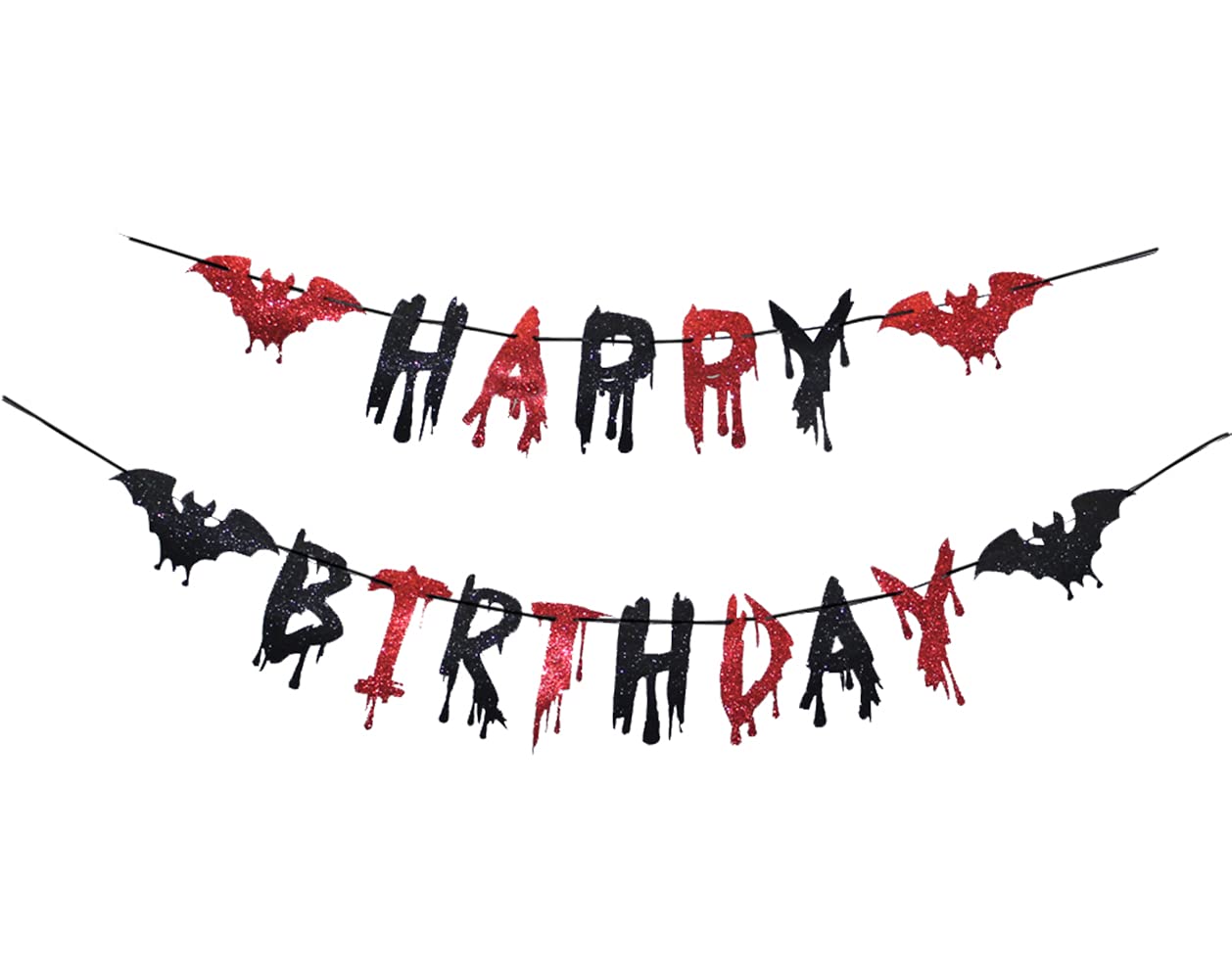 Topfunyy Happy Birthday Halloween Banner Black Red Glitter Bat Scary Horror Bloody Banner for Halloween Zombie Vampire Birthday Party Decorations Supplies