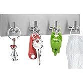 Picowe Key Holder for Wall Decorative, Adhesive Stainless Steel Key Hooks, Key Hanger Key Organizer for Wall, Towel Hook Coat Hanger for Entryway Hallway Kitchen(Four Rows,Sliver 1PCS)
