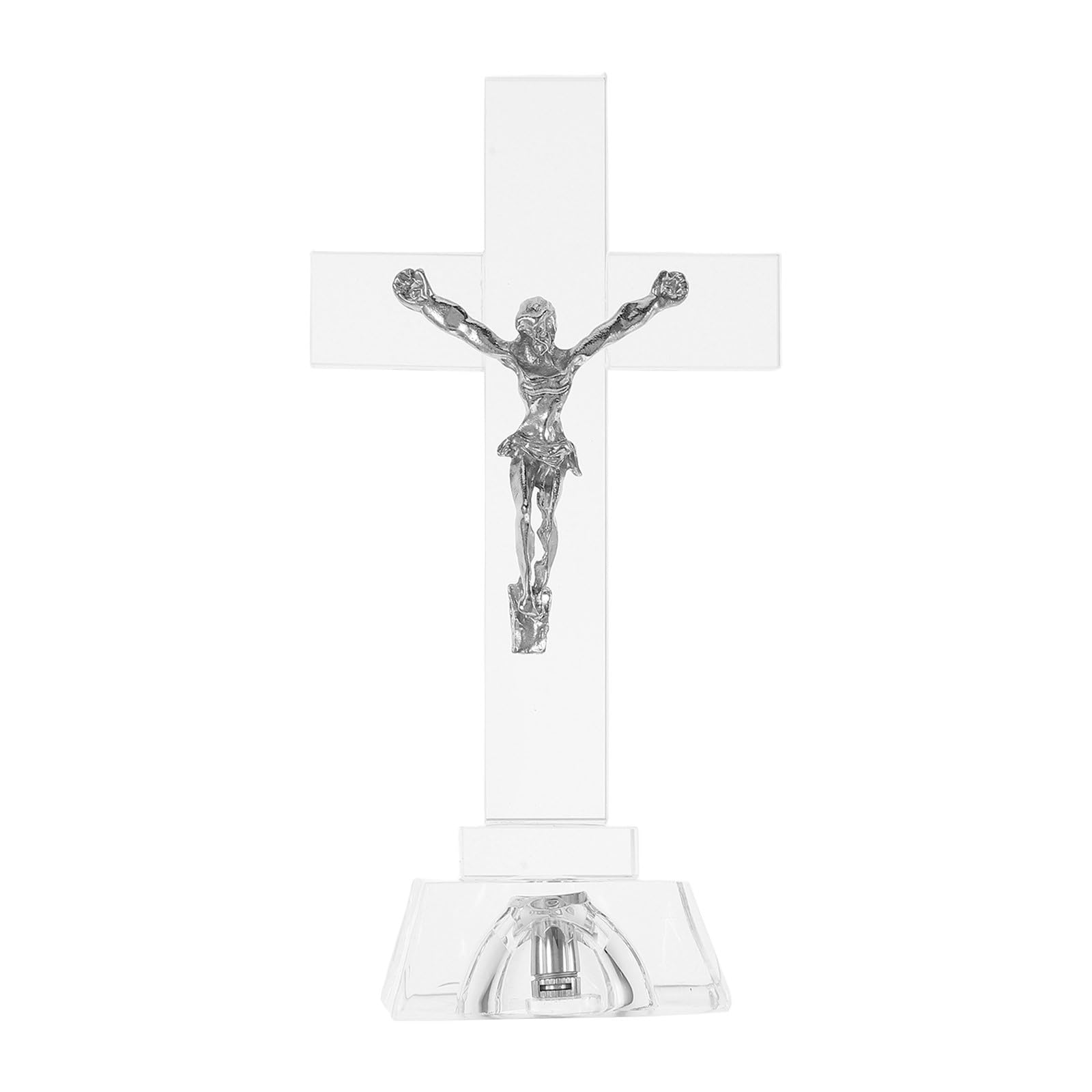 Ciieeo Glowing Crystal Cross Ornament 6 Inch Jesus Crucifix Statue Religious Home Decoration Praying Figurine Tabletop Display Catholic Easter Decor