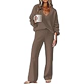 ETCYY NEW Womens 2 Piece Outfits Sweater Lounge Set Casual V Neck Knit Pajama Set Long Sleeve Top Wide Leg Pants Loungewear