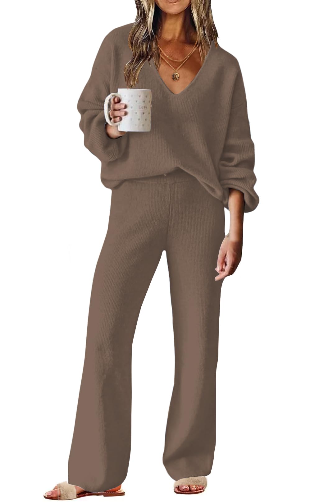 Photo 1 of ** TOP ONLY **
ETCYY NEW Womens 2 Piece Outfits Sweater Lounge Set Casual V Neck Knit Pajama Set Long Sleeve Top Wide Leg Pants Loungewear SMALL