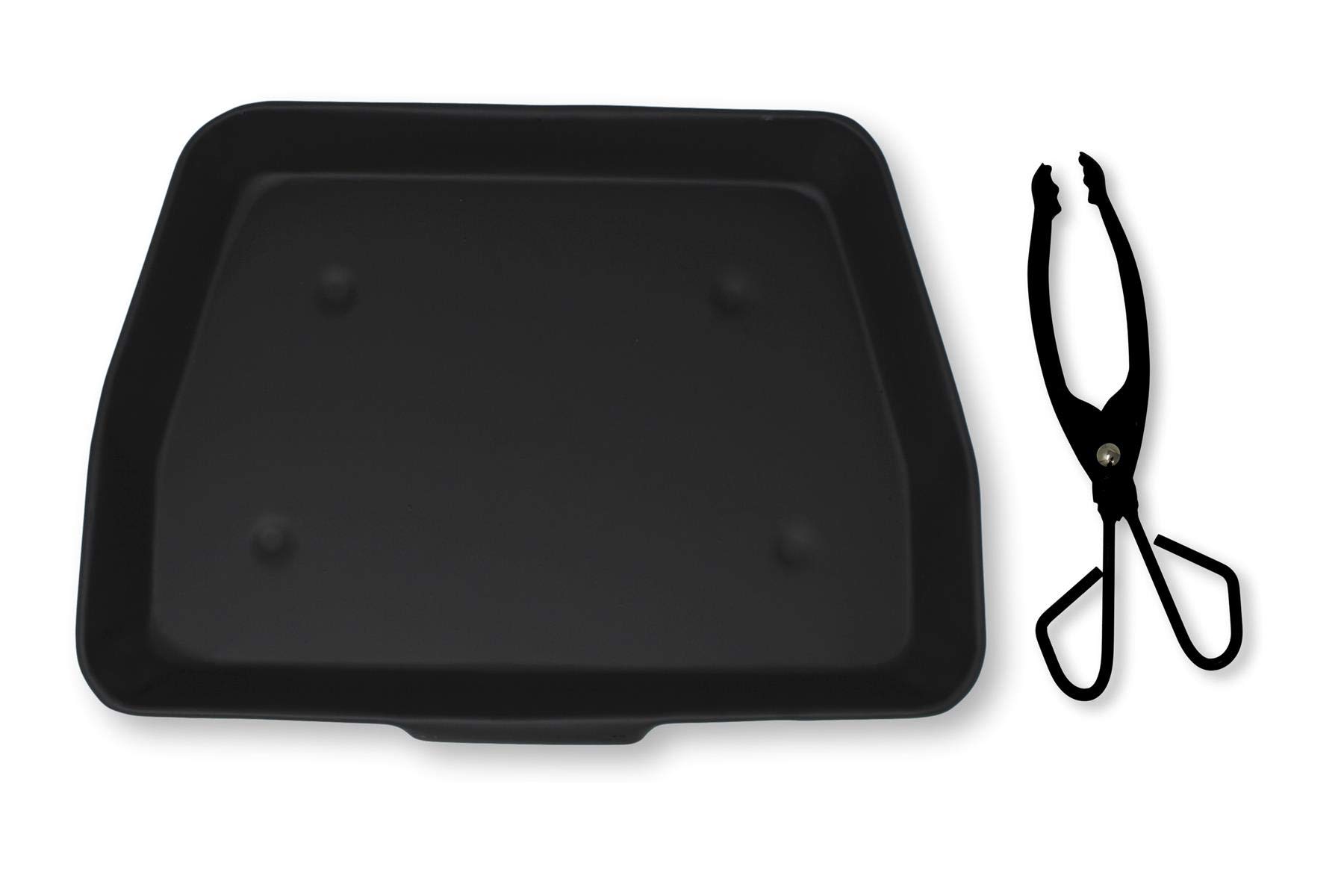 Black Metal Ash Pan - 33cm Wide (13") with Lightweight Coal and Log Tongs