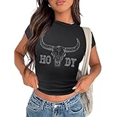 Tewmeu Cowgirl Outfits for Women Crop Tops for Teen Girl Y2k Clothes Cowboy Country Concert Graphic Tee Tops