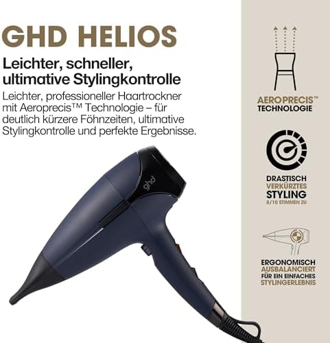 Helios Haartrockner, professioneller Föhn für schnelles Styling und Fön Ergebnisse wie vom Friseur mit leistungsstarkem Motor Ionen Technologie für glänzende, glatte, Dunkelblau, Standard