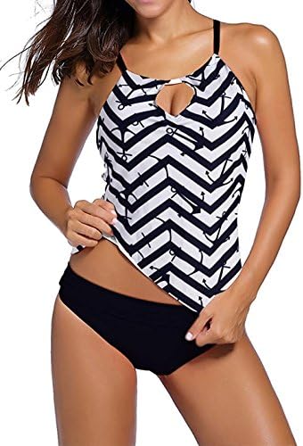 Women's Striped Printed Tankini Tops And Triangle Briefs Two-piece Swimsuits ((US 12-14)XL, Black)