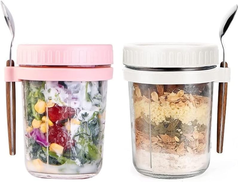 ALINK 2 Pack Overnight Oats Jars, Overnight Oats Container with Lid and Spoon, 10 oz Cereal, Milk, Vegetable and Fruit Salad Storage Container with Measurement Marks (Pink/White)
