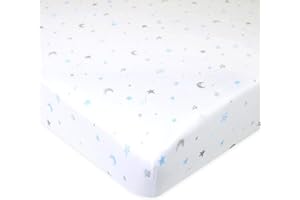 American Baby Company 100% Natural Cotton Fitted Pack and Play Sheet 39" x 27" - Soft & Breathable Pack N Play Sheet for Playpen, Playard & Mini Crib Mattress, Blue Stars and Moons, for Boys & Girls