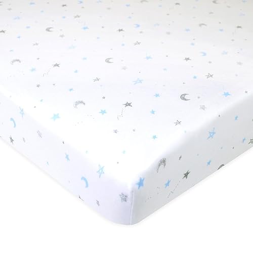 American Baby Company 100% Natural Cotton Fitted Mini Crib Sheet 38" x 24" - Soft & Breathable Small Nesting Portable Crib Sheet, Fits Pack N Play Mattresses, Blue Stars and Moons, for Boys & Girls