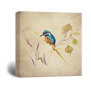 Square Canvas Wall Art - Retro Style Water Color Painting of a Brid and Plants - Giclee Print Gallery Wrap Modern Home Art Ready to Hang - 12x12 inches