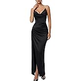 Rosegalette Women's Elegant Satin Deep V Neck High Slit Ruched Slim Fit Strapless Evening Prom Maxi Dress