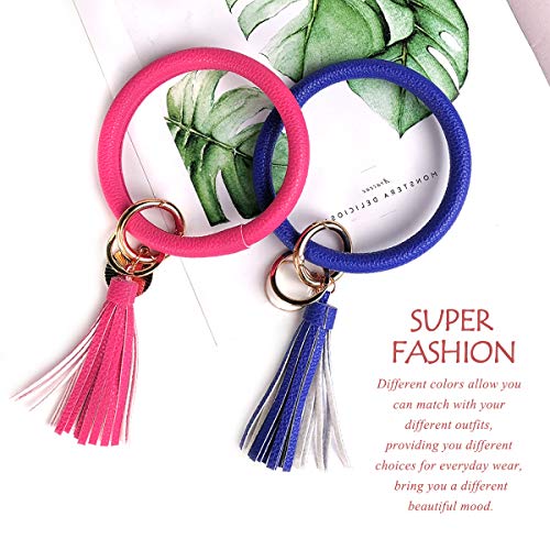 Leather Bracelet Key Ring Bangle Keyring, Tassel Ring Circle Key Ring Keychain Wristlet for Women Girls - Free Your Hands (Rose Red)