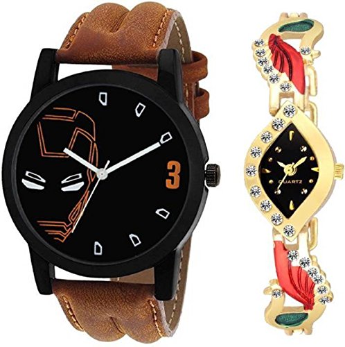 Swadesi stuff New Arrival Exclusive Stylish Brown Leather Strap And Kundan Golden Watch Combo For Men And Women Watch - For Couple 00911