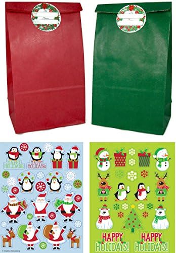 12 Paper Christmas Treat Bags with Wreath Sticker Seals and Holiday Sticker Sheets
