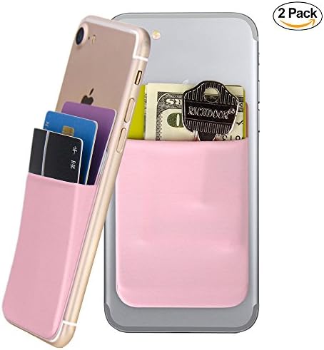 Phone Card Holder, Doormoon Stick on Wallet Card Holder for Back of Phone, 3M Slim Adhesive Wallet Case ID and Credit Card Holder Pocket Pouch Lycra Card Sleeve for Smartphones 2 Pack, Pink