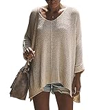 Exlura Women's Off Shoulder Casual V Neck Sheer Loose Oversized Pullover Sweater High Low Knitted Jumper
