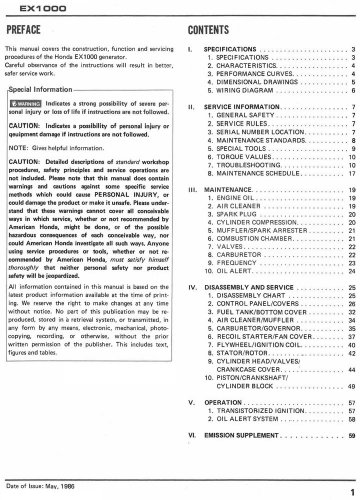 Honda Ex1000 Gas Generator Owners Manual