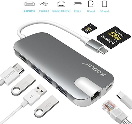 USB C Hub Adapter 8-in-1 Type C USB Multi port Adapter with Type C Charging Port, 4K HDMI Output,SD and TF Card Readers, Gigabit Ethernet, 3 USB 3.0 Ports for MacBook Pro 2015/2016, Google Chromebook