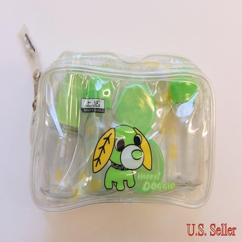 7 Piece Travel Kit - Green Plastic Cosmetic Bottle Make Up w/ Container Set Bag