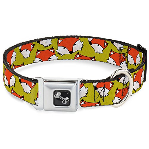 Buckle-Down Fox Face Scattered Warm Olive2 Dog Collar Bone, Medium/11-17"