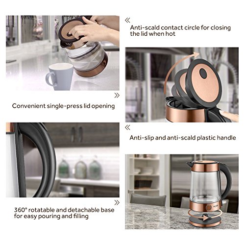 PLEMO Electric Kettle, LED-Lit Fast Water Boiler, Quick-Boil Glass Tea Kettle with Atmospheric Illumination, 1500 W Enclosed Heating Element and Cool Touch Handle, 1.7 L