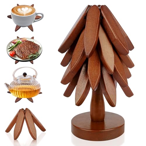 Wooden Trivets for Hot Dishes - 4 Wooden Trivets + 1 Stand, Kitchen Wooden Tree Trivet Set for Hot Dishes/Pot/Bowl/Teapot/Hot Pot Holders, Walnut