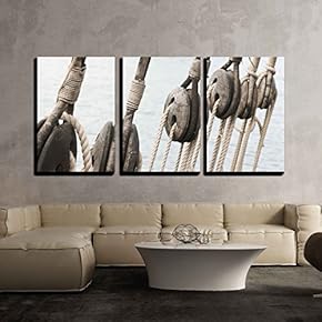 3 Piece Canvas Wall Art - Rigging of an Ancient Sailing Vessel - Modern Home Art Stretched and Framed Ready to Hang - 16"x24"x3 Panels