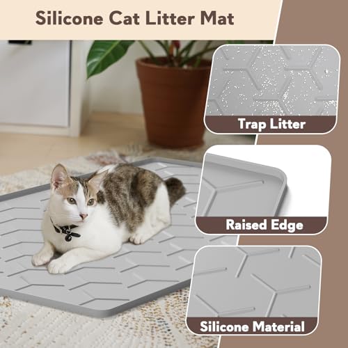 Garoopion Cat Mat for Litter Box, Large 34.05×22.5 inch Cat Litter Mat, Waterproof Silicone Pad for Floor, Gray