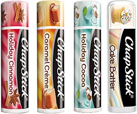 Chapstick Limited Edition Holiday 2017 Set of 4 - Caramel Crme, Holiday Cinnamon & Holiday Cocoa + Bonus Fan Favorite Chapstick in Cake Batter
