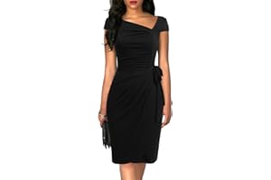 LIYINXI Women's Vintage Cap Sleeves Asymmetrical Neckline Sheath Bodycon Casual Work Cocktail Party Pencil Faux Wrap Dresses