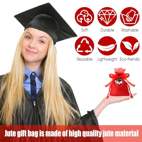 30 Pieces Fabric Gift Bags with 30 Pieces Graduation Hat Pendant Jute Bags Drawstring for Graduation Party Red