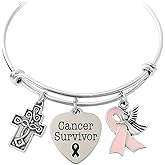Cancer Survivor Bracelet – Silver Charm Bangle with Cross, Pink Ribbon & Angel Charms – Breast Cancer Awareness Jewelry Gift for Women – Survivor, Fighter, or Support Gift
