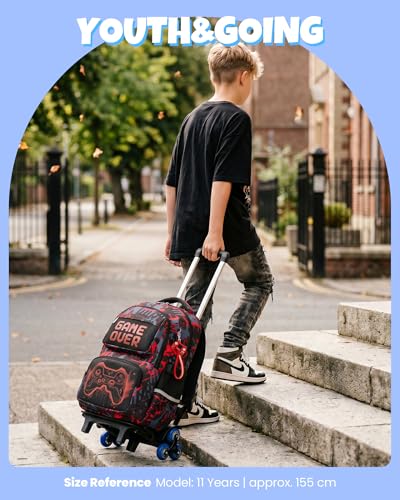 Amythe Boy's Wheeled School Bag 8-12 Years Bright 6 Wheels with Removable Trolley, Wheeled Backpack for College Students, Large Capacity Computer 15.6 Inches, Red, Travel Backpacks